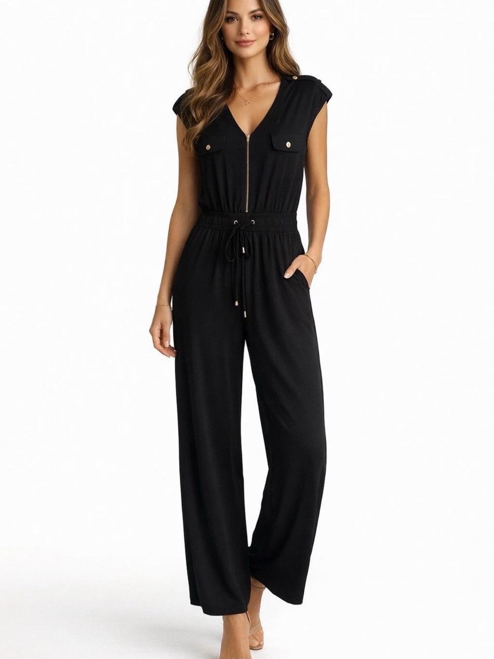 Emma & Michele Black Utility Wide Leg Jumpsuit Gold Accent Hardware Size Large L